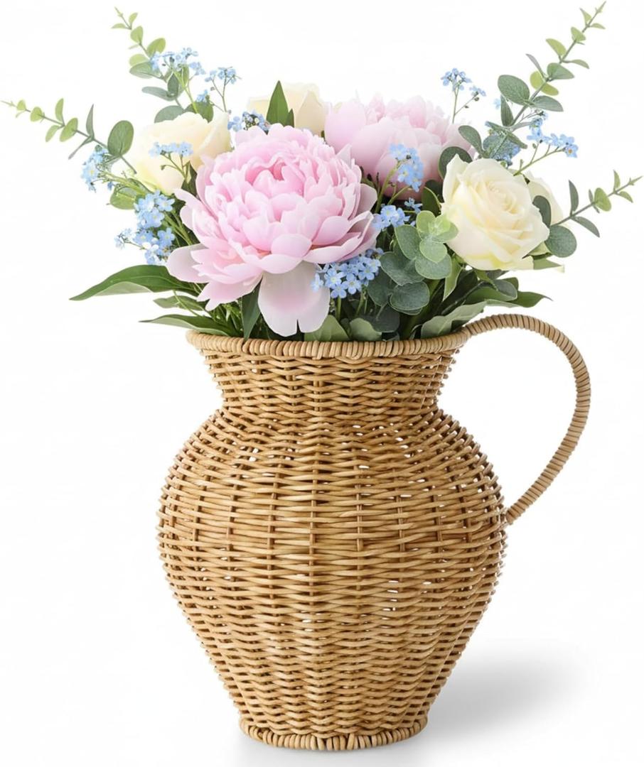Faux Wood Rattan Vase Wicker Vase Country Style Home Decor Woven Basket Wicker Flower Pot for Dining Table Centerpieces Bedroom Corner Hallway Indoor Office (Single Handle,9" h)