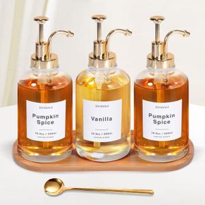 Coffee Syrup Dispenser for Coffee Bar, 16.9oz 500ml Glass Syrup Dispenser w Golden Coffee Scoop, Coffee Syrup Pump Dispenser w 36 Labels and Bamboo Tray, Coffee Syrup Bottles with Golden Pump, 3PCS