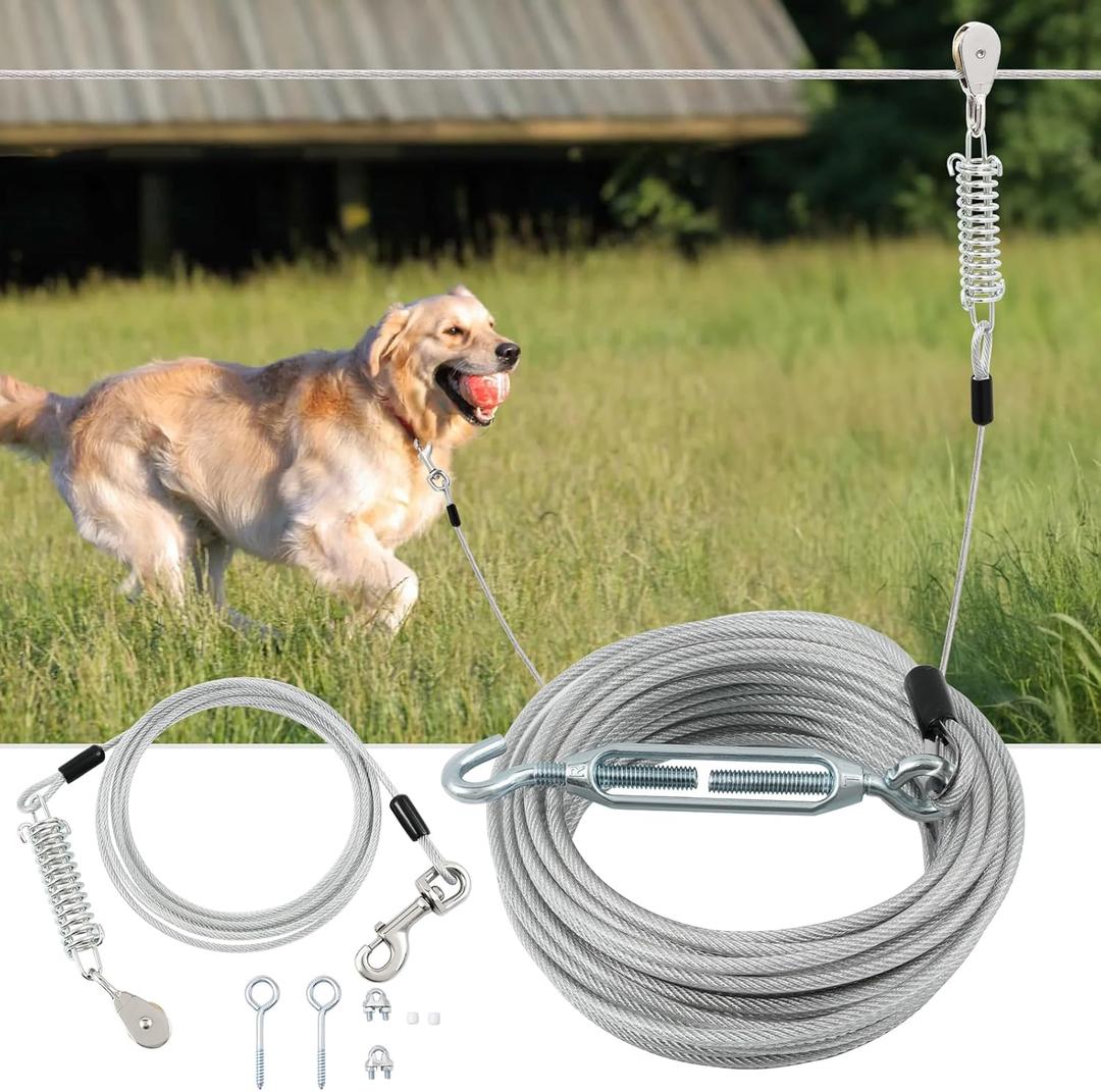100FT Dog Runner for Yard with 15FT Tie Out Cable - Heavy Duty Trolley System for Large Dogs Up to 250LBS, Backyard/Park/Camping Use (Silver, 100FT+15FT)