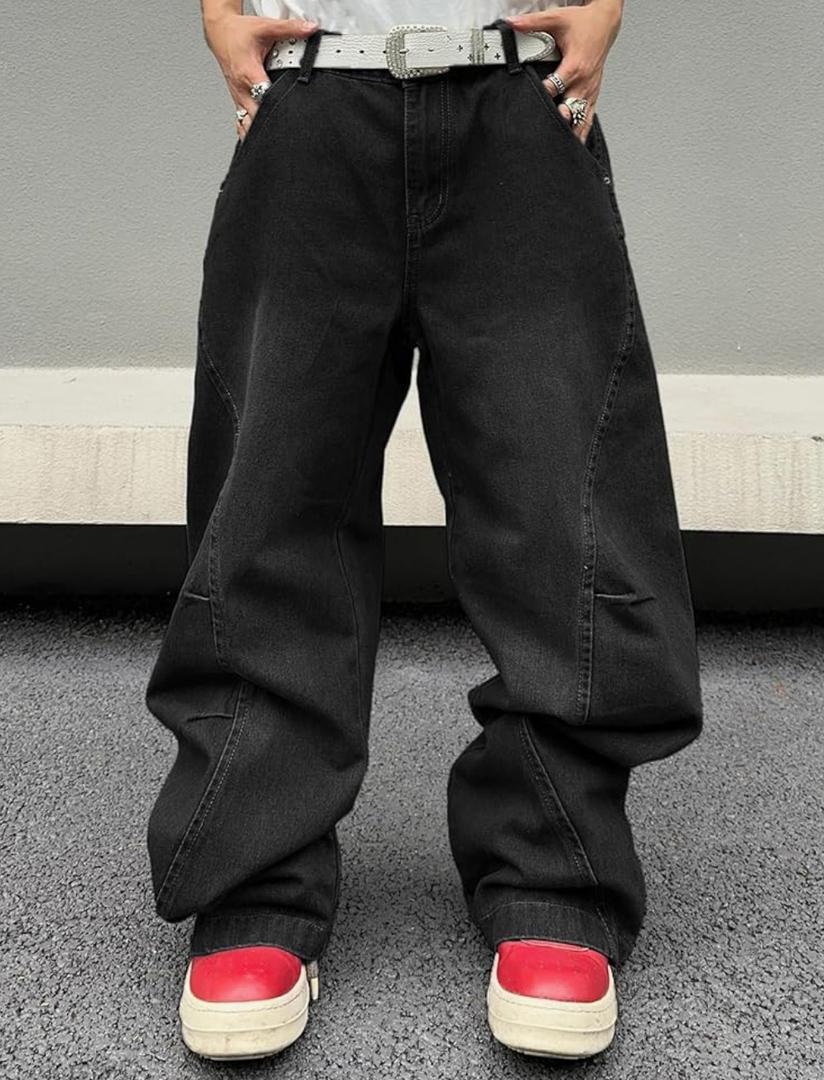 Men's Irregular Sutures Y2k Hip Hop Baggy Jeans Wide Leg Denim Pants Casual Loose Fit Trousers Streetwear, XXL