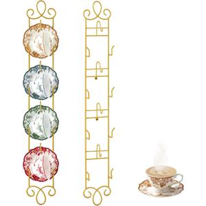 Blulu 2 Pcs Wall Mounted Tea Cup & Saucer Display Rack 4 Tiers,Gold