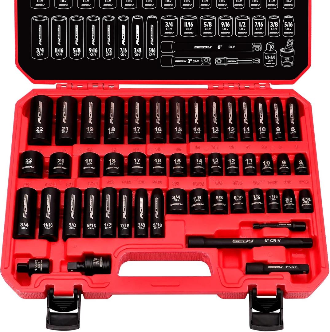 3/8" Drive Impact Socket Set - 49-Piece SAE (5/16 to 3/4 inch) and Metric (8-22mm) Sizes with Extension Bars and Universal Joint Standard & Deep CR-V Material for High Durability Impact Wrench
