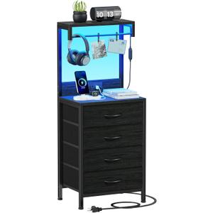 Furnulem Tall Nightstand with Charging Station, Night Stands with LED Lights and Storage Shelves, Bed Side Table for Bedroom, Hallway, Office, 4 Fabric Drawers (Black Oak), 11.8 Inches X 14.96 Inches X 38.18 Inches
