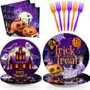 SCIONE 96 Pcs Halloween Party Supplies, Purple Halloween Plates and Napkins Trick Or Treat Tableware Set, Happy Halloween Holiday Pumpkin Ghost Dinnerware Party Decorations Serve 24 Guests