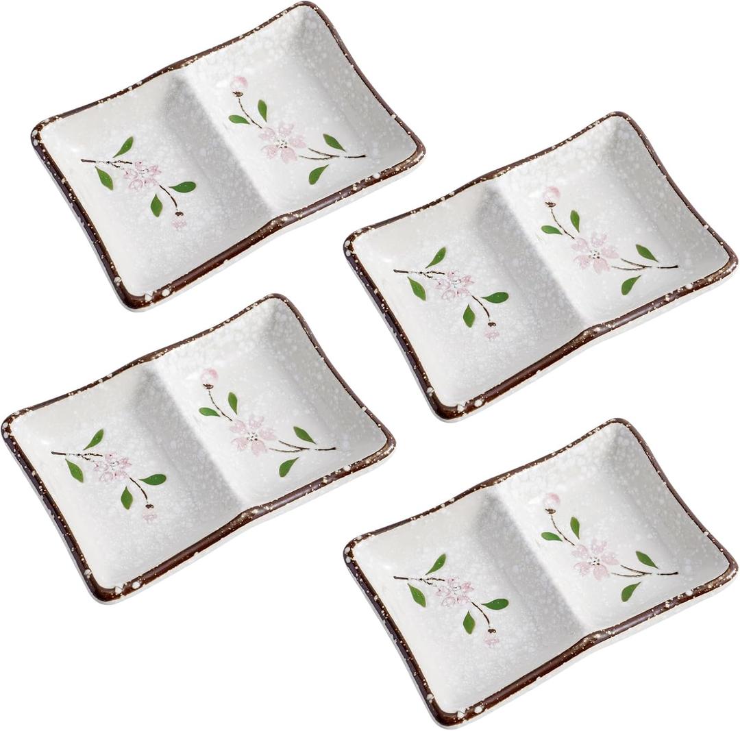 Dual Dipping Bowls Ceramic Dual Soy Sauce Dish 5.25 Inch Japanese Style Sushi Sauce Cups Divided Salsa Bowls 2 Compartments Appetizer Serving Tray Dipping Plates for Kitchen (4Pack, Pink Sakura)
