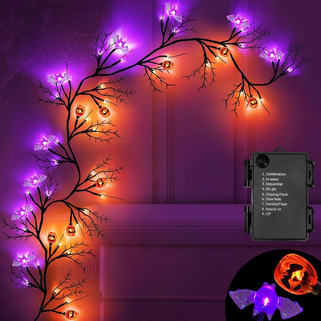 6 Ft 54 LED Halloween Willow Vine Twig Decor Garland with 8 Modes Timer 9 Pumpkins 9 Bats Waterproof Battery Operated Scary Halloween Decorations for Home Wall Mantle Fireplace Decor