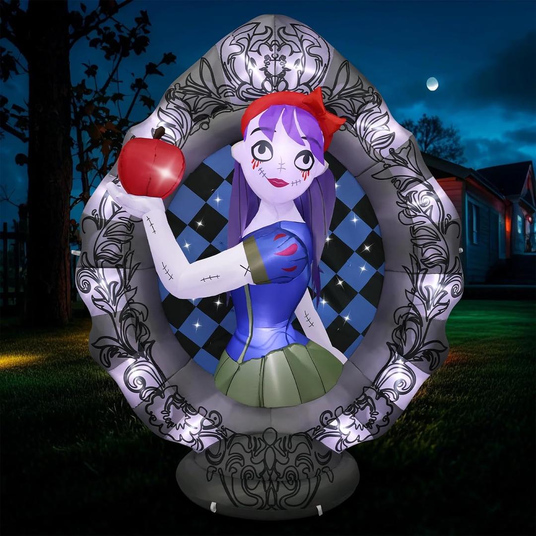 8Ft Tall Giant Halloween Inflatables Snow White Outdoor Decorations, Blow Up Magic Mirror Yard Decor Build-in Flash Lights for Outside Party Lawn Garden