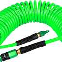 Heavy Duty Polyurethane Recoil Air Hose 1/4 in x 25 ft, Lightweight, Flexible Compressor Hose with Universal Quick Coupler, Plug and Bend Restrictors, Green
