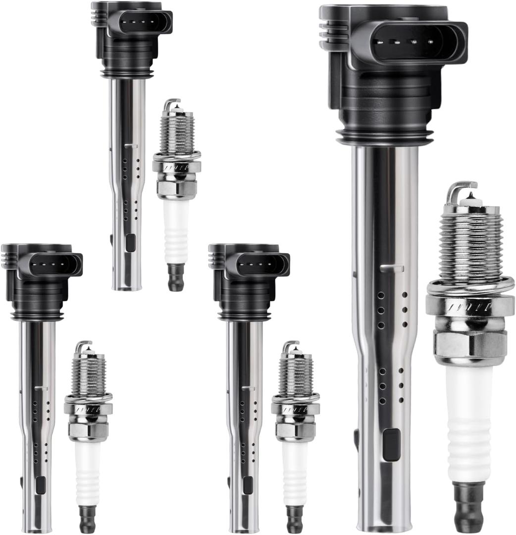 Ignition Coil Pack and Iridium Spark Plugs Set of 4 Compatible with Audi A4 2005-2016/A5 2010-2014/Audi A3 2006-2013/A6, Q3 & Volkswagen Jetta 2006-2013/Tiguan 2009-2017 & More, Replace OE# UF575+2667