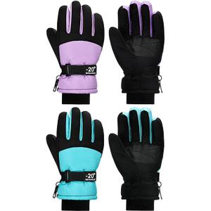 SATINIOR 2 Pairs Kids Waterproof Winter Snow Gloves Ski Gloves for Boy Girl Outdoor Warm Thickening Snowboard(Light Purple, Cyan,8-12 Years)