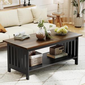 YOSHOOT 39.4" Farmhouse Coffee Table - Coffee Tables for Living Room, Small Coffee Table with Storage, Center Table for Living Room, Bedroom, Office, Black