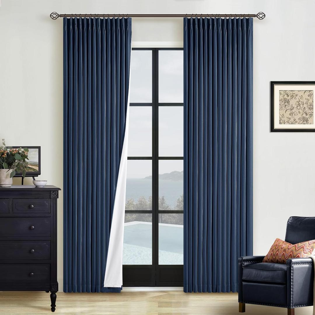 Navy Pinch Pleated 100% Blackout Linen Curtains for Bedroom 84 Inch Length Room Darkening with Liner Dark Blue Window Curtains 84 Inches Long for Living Room Black Out Pleat Drapes Back Tab (40"W x 84"L (Pack of 2))
