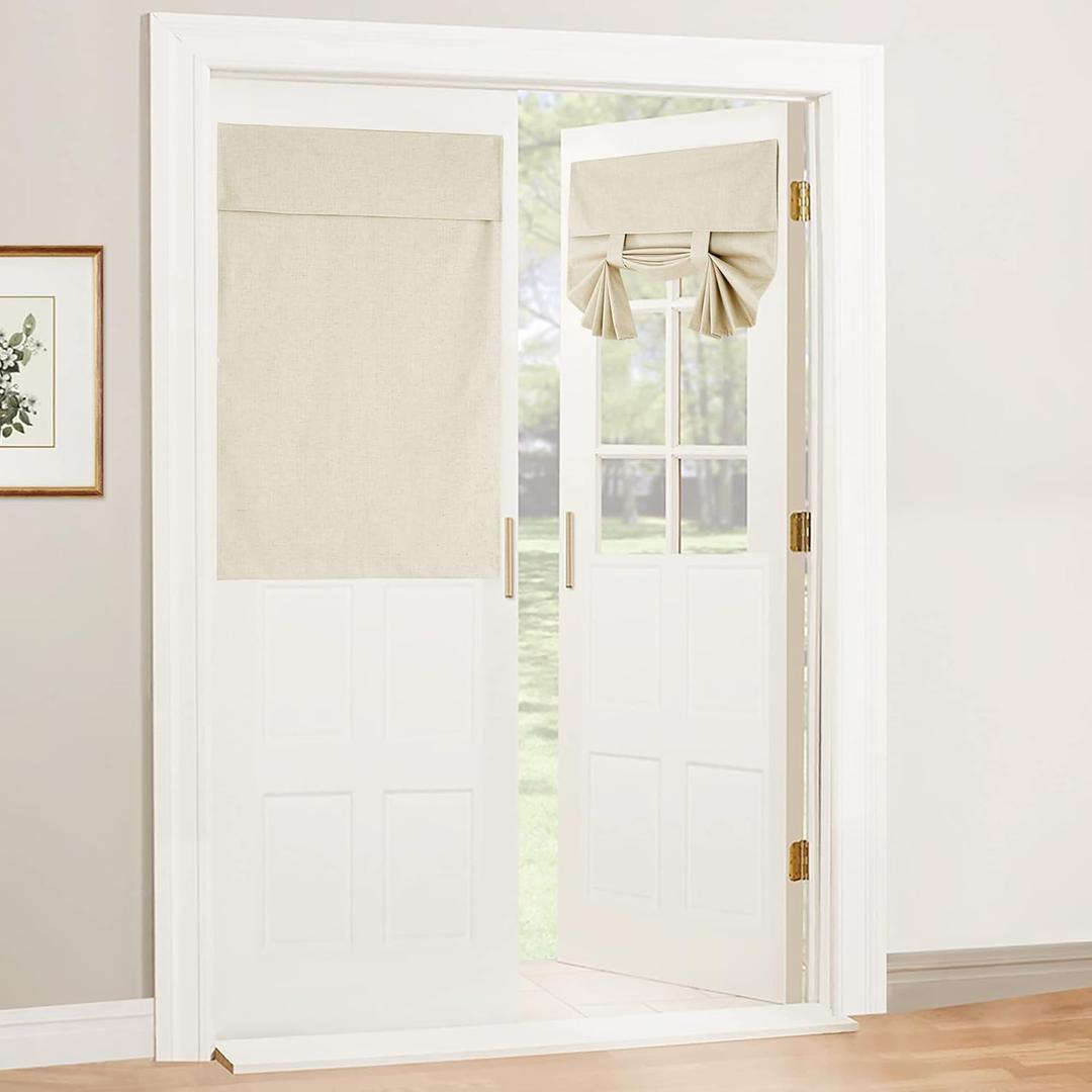 RYB HOME Door Window Curtains 40 inches, 100% Blackout Natural Linen Blended Privacy Glass/French Glass Door Curtain Shade with White Layer Coating, W26 x L40, Beige, 1 Panel