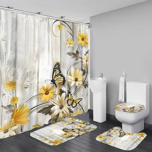 AZHM Yellow Daisy Floral Shower Curtain Set Butterfly Farmhouse Country for Bathroom Decor Set with Rugs Toilet Lid Cover and Bath Mat (Beige)