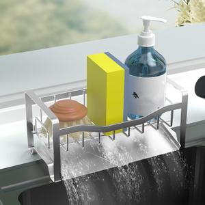 Maifan Kitchen Sink Caddy Organizer Sponge Holder for Kitchen Sink with Stainless Steel Auto Drain Tray, Self Drain Dish Soap Sponge Caddy Rack for Countertop Storage Gadgets Silver Grey