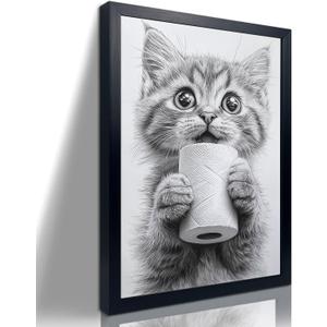 2 x Bathroom Picture Wall Decor, Framed Black and White Bathroom Wall Art, Toilet Paper in Little Funny cat Hand Animal Canvas Print Painting