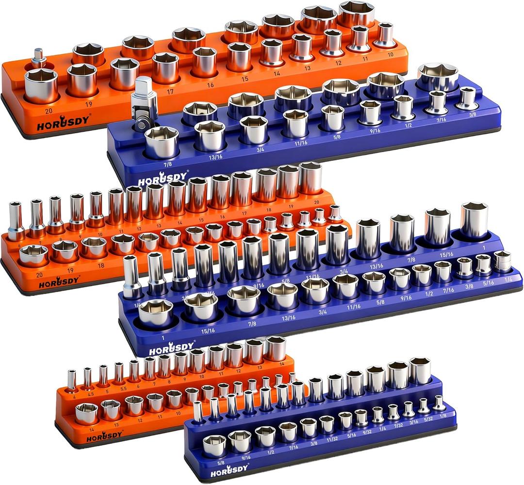 HORUSDY 6-Piece Magnetic Socket Organizer Set, 1/4", 3/8", 1/2" Drive Holders for 143pcs, Magnetic Trays for Socket Storage