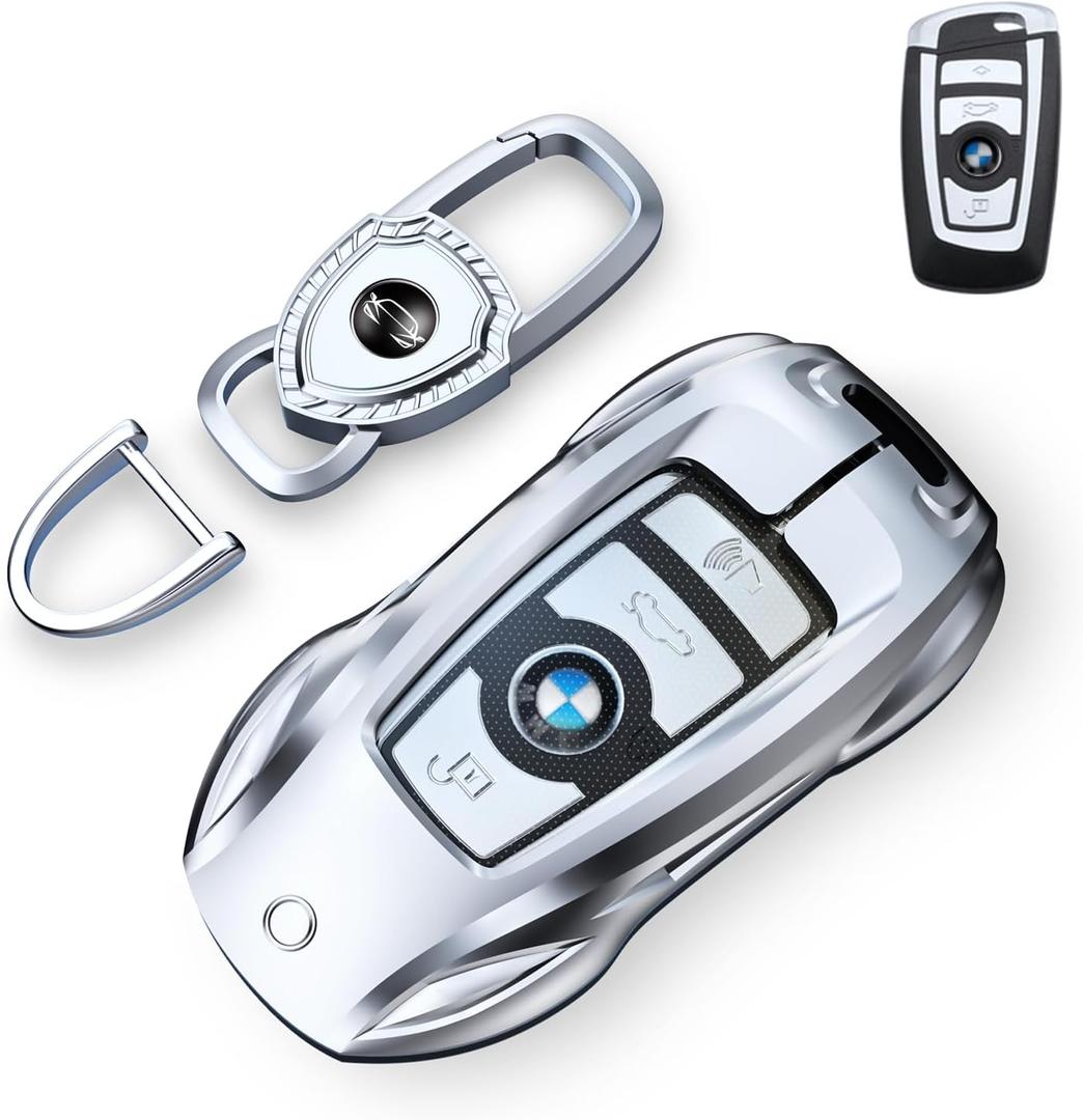 Key Fob Cover with Keychain for BMW, Metal Shell Case, Compatible with X1 X3 X4 X5 X6 1 2 4 5 6 7 Series (Fashion Silverfor BMW-A)