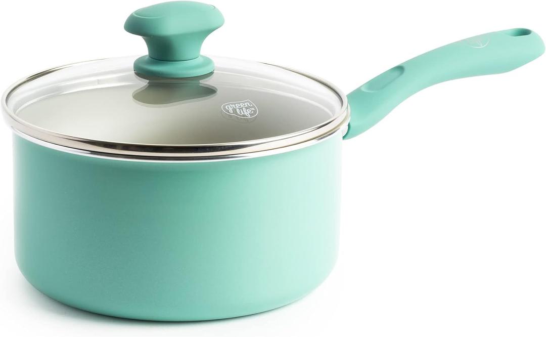 GreenLife Soft Grip Diamond Sandstone Healthy Ceramic Nonstick, 2QT Saucepan Pot with Lid, PFAS-Free, Dishwasher Safe, Turquoise and Cream