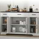 CuisinSmart Buffet Cabinet with 4 Doors, Modern Farmhouse 55" Large Sideboard Table Storage Cabinet,Adjustable Shelves, Drawers, and Versatile Storage for Kitchen, Dining Room, Coffee Bar, Rustic (White Black)