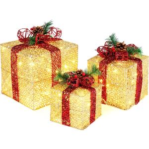 VINGLI Christmas Lighted Gift Boxes Set of 3 with Plug, Weather Proof Nestable Present Boxes Ornament Home Decor Pre-lit 60 LED Lights Pre-Secured Bowknot for Indoor or Outdoor Christmas Decorations