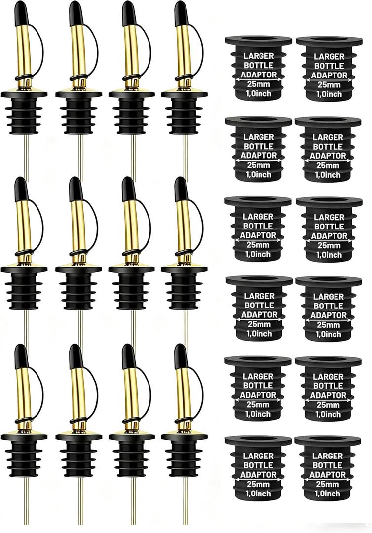 12-Pack Liquor Bottle Pourers with Adapters, Liquor Pour Spout Adapters set for for Large Olive Oil Bottles and Liquor Bottles - Up to 1 Inch/25mm Neck Converts Any Spout into a Large Pour Spout,Gold