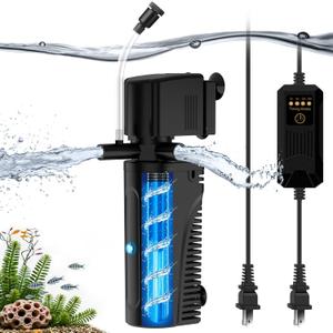 Aquarium U-V Filter for Green Water, Internal Fish Tank Filter with U-V Light & Timer, Turtle Tank Filter with Dual Outlet & Aeration, for 10-30 Gallon Freshwater & Saltwater