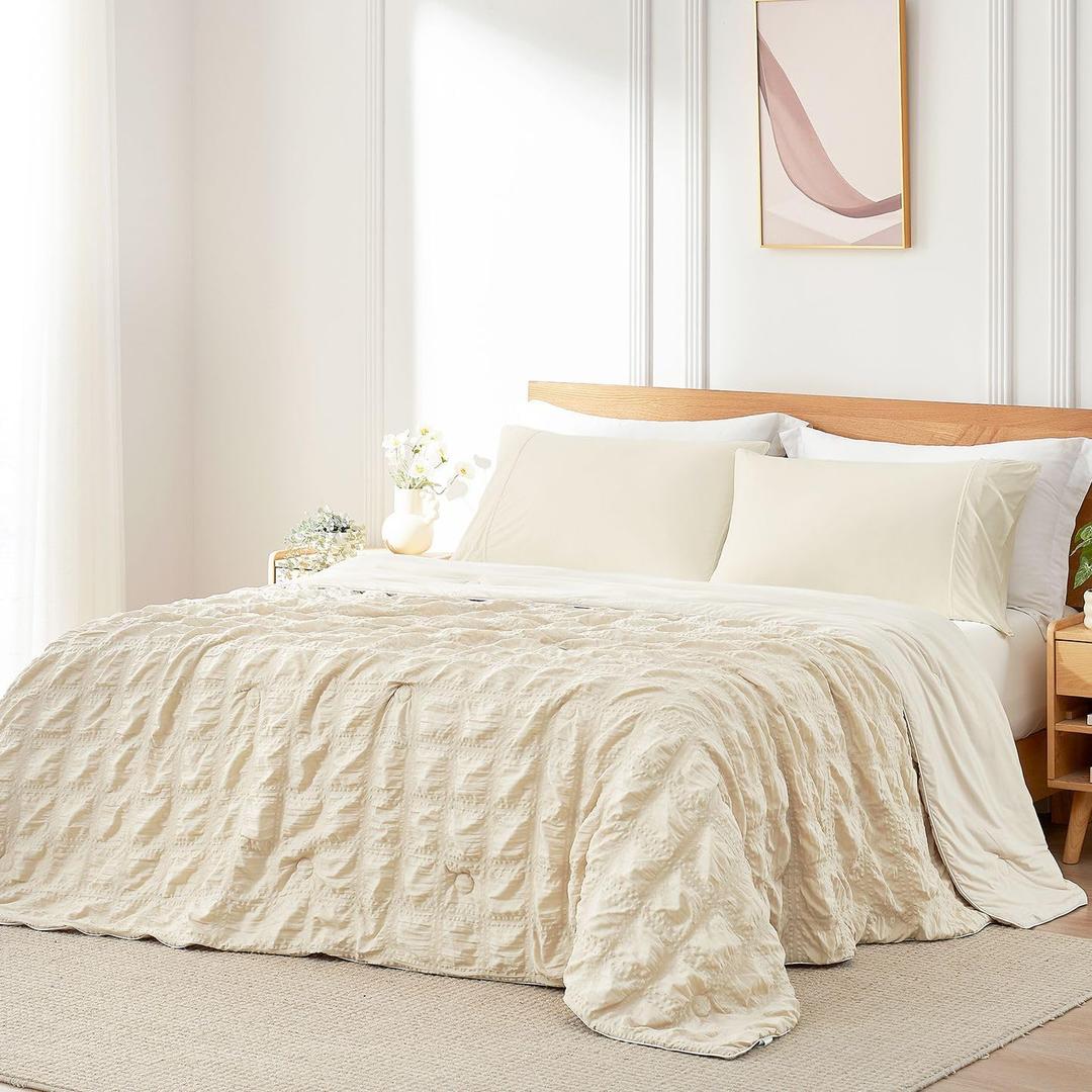 Cozy Bliss Cooling Comforter Seersucker Plaid Queen, Q-Max 0.4 Reversible Lightweight Cooling Blanket, Breathable Silk Smooth Summer Bedding Quilt for Hot Sleepers Night Sweats Khaki