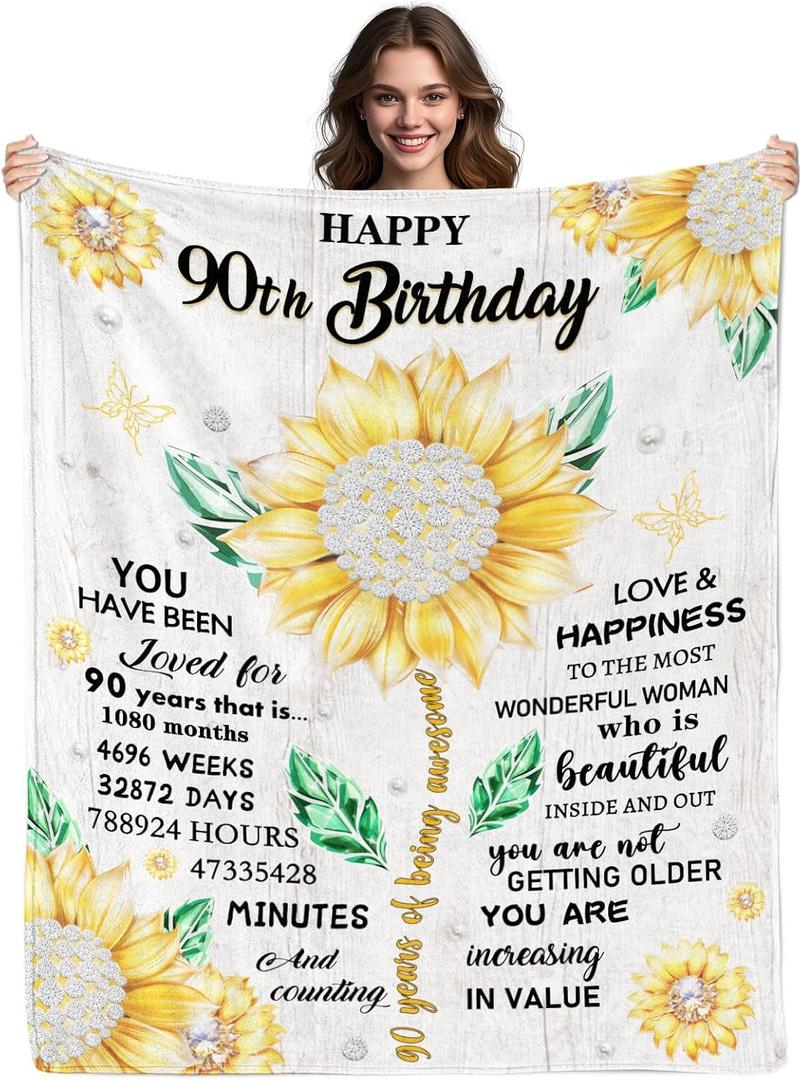 90th Birthday Gifts for Women, Gift for 90 Year Old Women, 90th Birthday Decorations Gift Ideas for Her, Turning 90 Throw Blanket, Happy 90th Blanket 80" x 60"