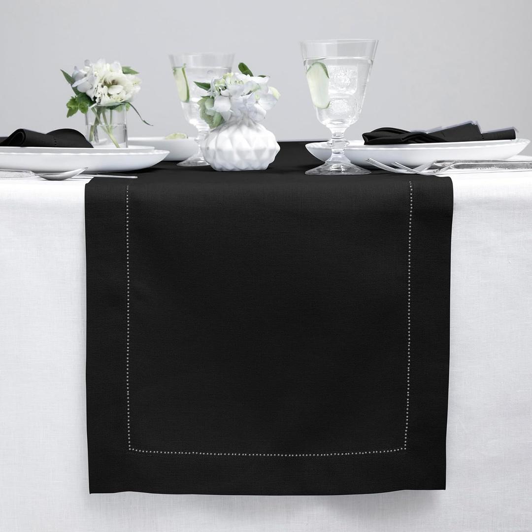 Solino Home Linen Black Table Runner 108 Inches Long - 100% Pure Linen 14 x 108 Inch Table Runner for Spring, Summer - Classic Hemstitch