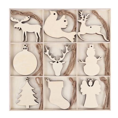 MACTING 45PCS Wooden Christmas Ornaments Unfinished Predrilled Natural Wood Slices DIY Blank Hanging Ornaments Kit for Crafts Centerpieces Christmas Tree Decorations, 9 Styles