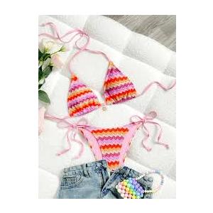 BEAUDRM Women's 2 Piece String Thong Bikini Set Striped Color Block Halter Triangle Swimsuit Multicolor Small