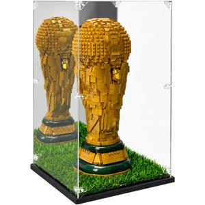 Acrylic Display Case Compatible with LEGO 43020 FIFA World Cup Trophy, 10.6" x 10.6" x 16.9" Clear Display Box with Mirror Back, Artificial Turf Base, Black Base, Dust-Resistant Showcase