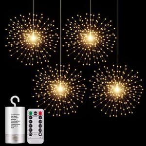 PXBNIUYA 4 Pack Starburst Sphere Lights,200 LED Firework Lights, 8 Modes Dimmable Remote Control Waterproof Hanging Fairy Light, Copper Wire Light for Patio Parties Christmas (Battery Operated) (4 pcs Warm White)