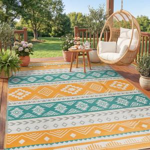 Outdoor Area Rug 6x9 Waterproof Patio Rug Reverisble Plastic Straw Outdoor Mat, Portable RV Mat Carpet for Deck, Camper, Porch, Balcony, Backyard, Picnic, Yellow