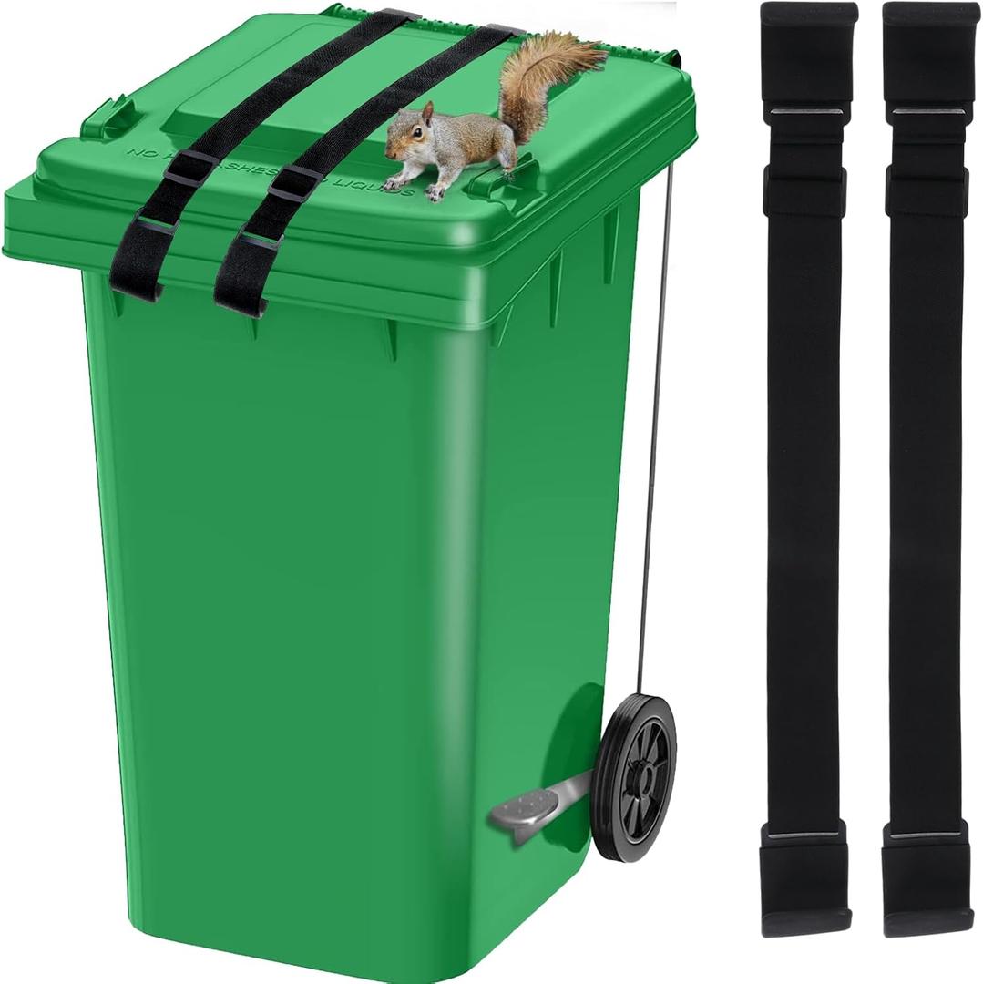 2 PCS Animal Proof Trash Can Locks, Adjustable Metal Security Strap for 28-96 Gallon Garbage Cans, Bear Raccoon Resistant Lid Lock, Black