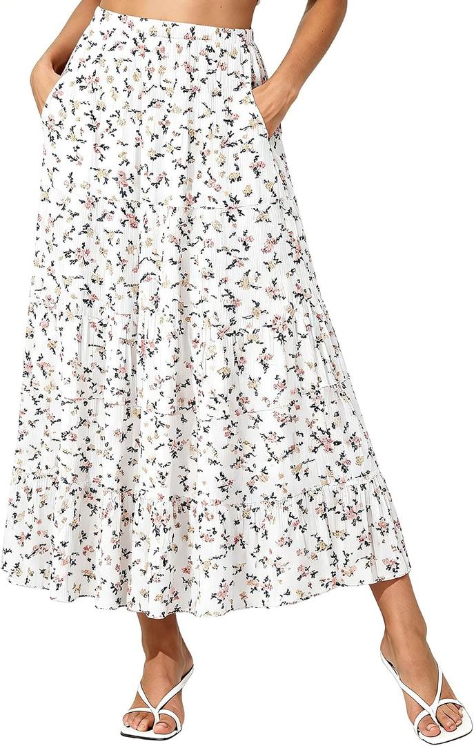 NASHALYLY Women's High Waisted Maxi Skirt,Elastic Chiffon Boho Long Skirt with Pockets (XL)