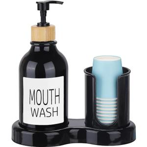 Mouthwash Dispenser for Bathroom, 16oz Plastic Mouthwash Dispenser with Cup Holder and Tray Mouth Wash Bottle Container - Black