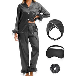 EPLAZA 2 Pcs Silk Pajamas for Women Satin Pajama Set Feather Trim Long Sleeve Button-Down Pj Set Lounge Sleepwear with Pocket (Medium, Black)