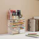 Delamu 3pc 6-Drawer Makeup Organizer Countertop Cosmetic Organizer for Vanity | Bathroom | Skincare | Perfume | Lipstick Storage, Casual Pairing No Assembly, Crystal Clear with Luxe Gold Trim