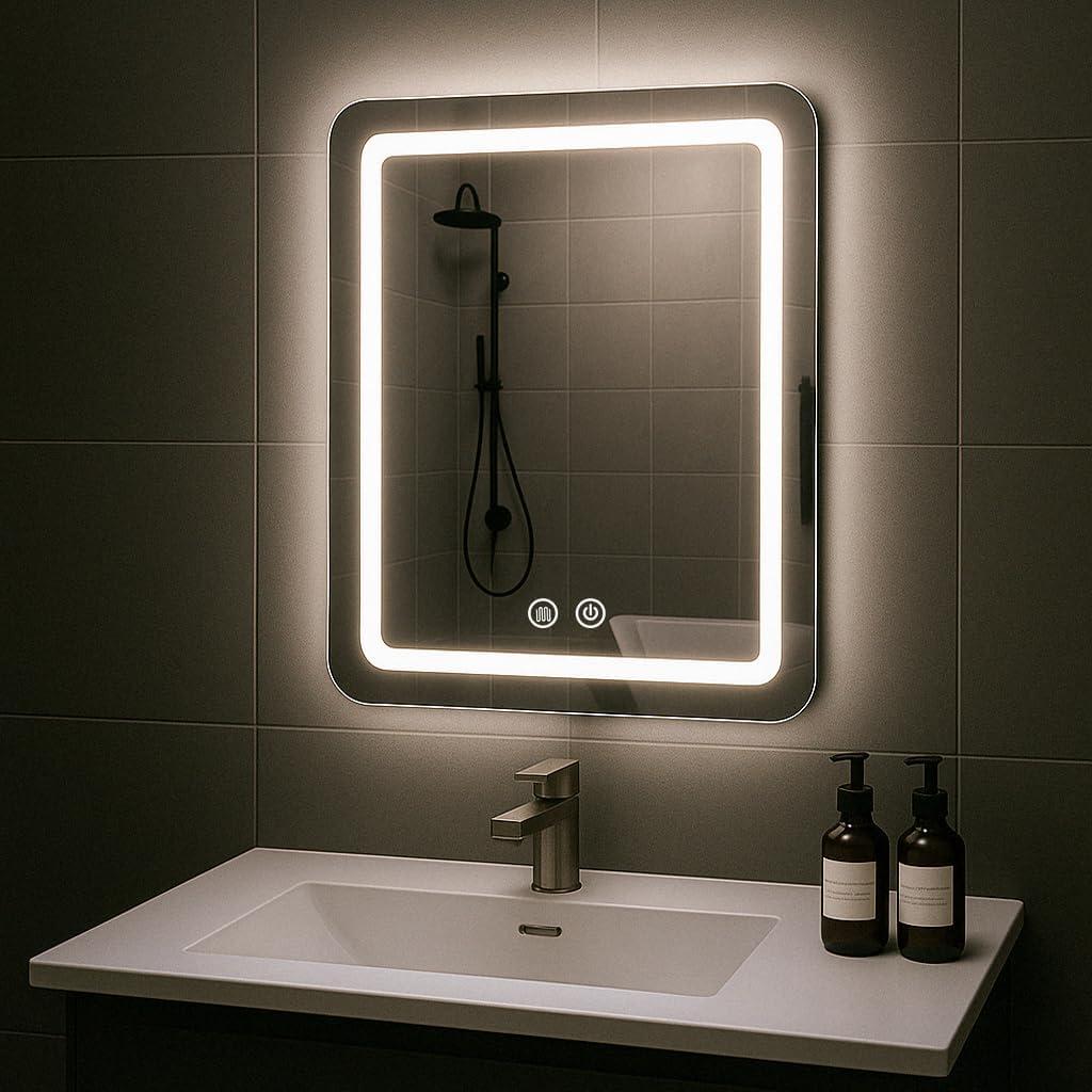LED Bathroom Mirror, 19x27 in Vanity Mirrors with Backlit Lights for Shaving, Fogless Makeup Mirror Wall Mounted with Demister, Dimmable 3 Color Lighting, IP54, Vertically Only
