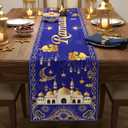 Ramadan Mubarak Table Runner, 13x72 Inch Blue Gold Eid Mubarak Table Runner for Home Party Decoration, Crescent Moon Star Eid Family Party Dining Room Table Decorations