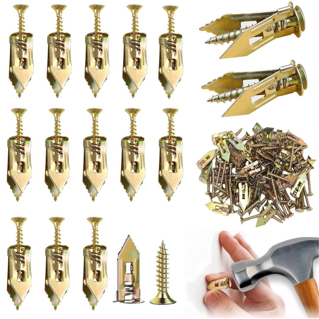 200 Pcs Self Drilling Drywall Anchors with Screws, 100 Sheetrock Anchors (0.47x1.57 Inch) & 100 Zinc Expansion Screws, No Drill Or Holes in Wall, for TV, Shelf Straps, Bike, Cabinets