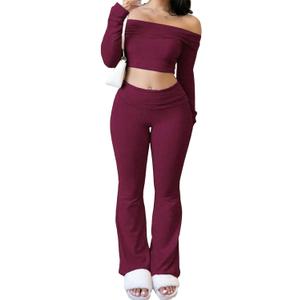 GFU 2 Piece Lounge Set Women Sexy Off Shoulder Crop Top Fold Over Flared Pants Set Workout Matching Sets Cozy Loungewear (X-Large, Wine)