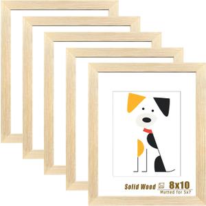 LUCKYLIFE 8x10 Picture Frame Solid Natural Wood, Display 5x7 photo with Mat or 8x10 without Mat for Wall Hanging and Tabletop, Set of 5