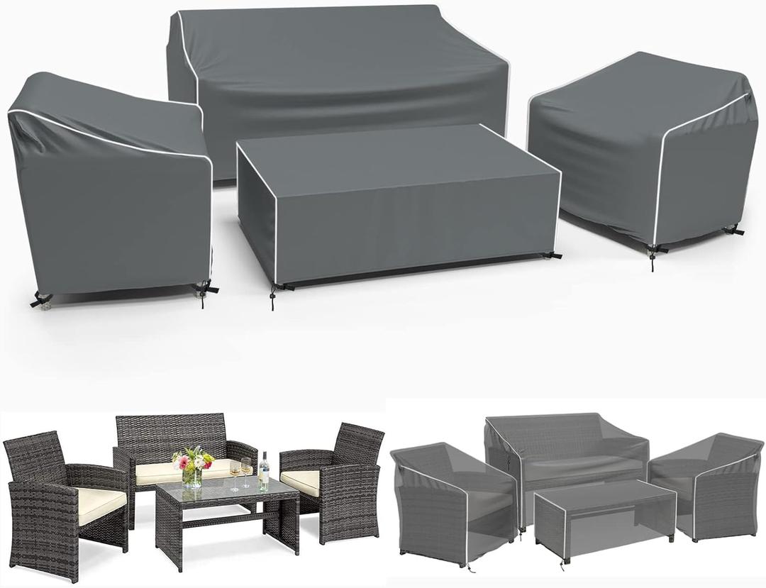 Gasadar Patio Furniture Covers, 4-Piece Outdoor Furniture Cover Waterproof for Patio Loveseat, Chair and Coffee Table, 600D Heavy Duty, Grey (X-Large, Grey+white Seams)