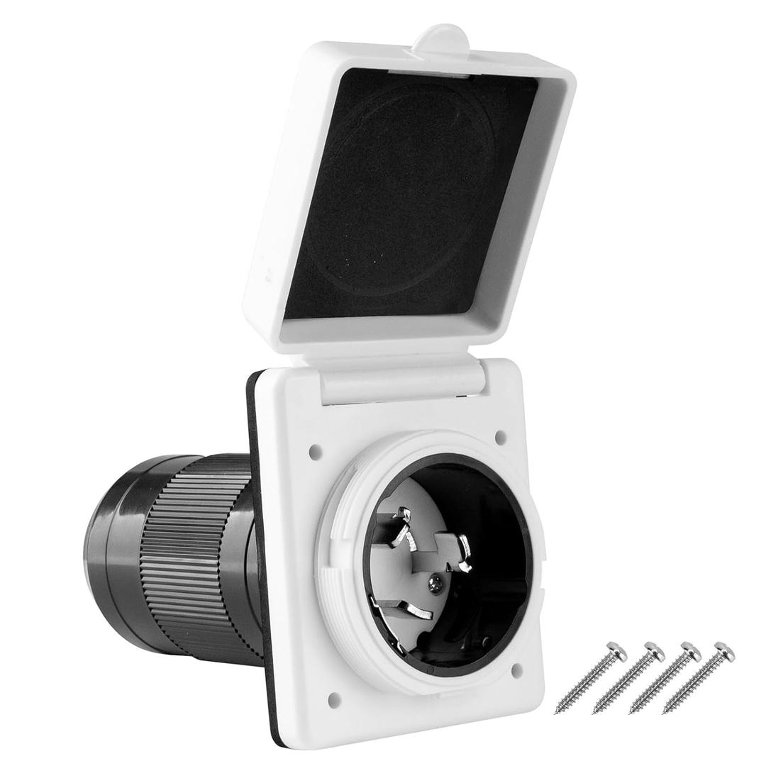 50 AMP Twist Lock RV Shore Power Inlet 125V/250V with 3 Stainless Steel Pins and Screws RV Shore Power Inlet with Weatherproof Boot Kit,NEMA SS2-50P,ETL Listed,White