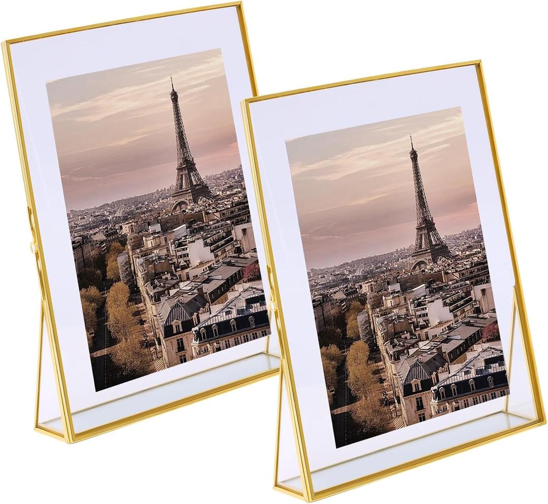 yshengood 8 x 10 Gold Picture Frame 2 Pack, Floating Photo Frame, Tabletop Picture Frame With Metal Frame And Real Glass For Home, Office Or Wedding Decoration