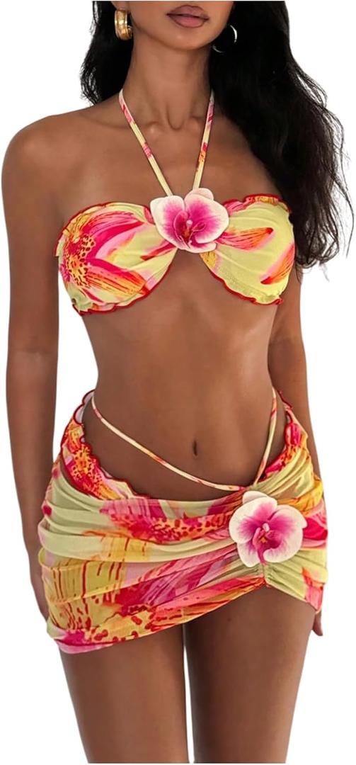 SOLY HUX Women's 3 Piece Swimsuit Floral Halter Bikini Set Beach Vacation Bathing Suit with Drawstring Cover Up Skirt (M)