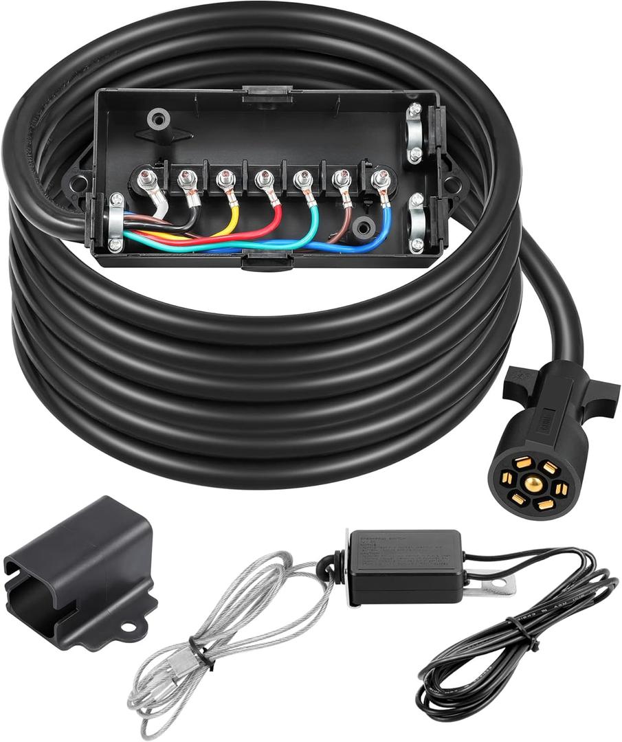 PARTSam 7 Way Trailer Wiring Harness Kit 8ft Trailer Cord 12V Breakaway Switch and Plug Holder Trailer Connector Cable Wiring Harness with 7 Gang Junction Box Waterproof